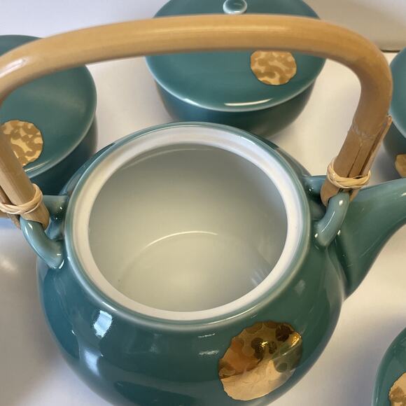 Hakusan Toki Hasami Ware Blue Celadon Service For 5 Tea Set With Gold Accents - Picture 7 of 15